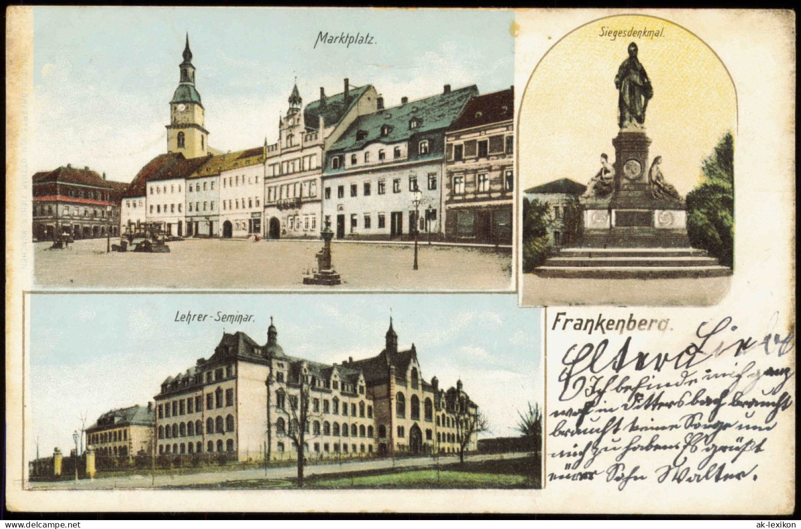 Frankenberg (Sachsen) Mehrbild Marktplatz Lehrer-Seminar Siegesdenkmal 1905 - Frankenberg