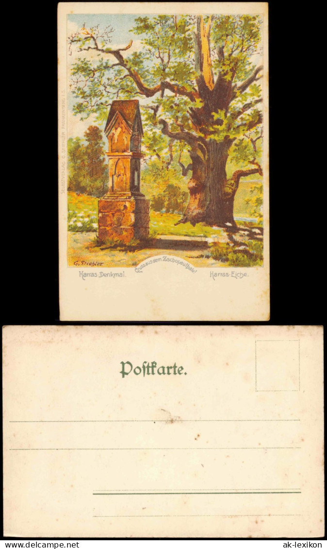 Frankenberg (Sachsen) Zschopauthal Harras Denkmal Eiche Künstlerkarte 1900 - Frankenberg