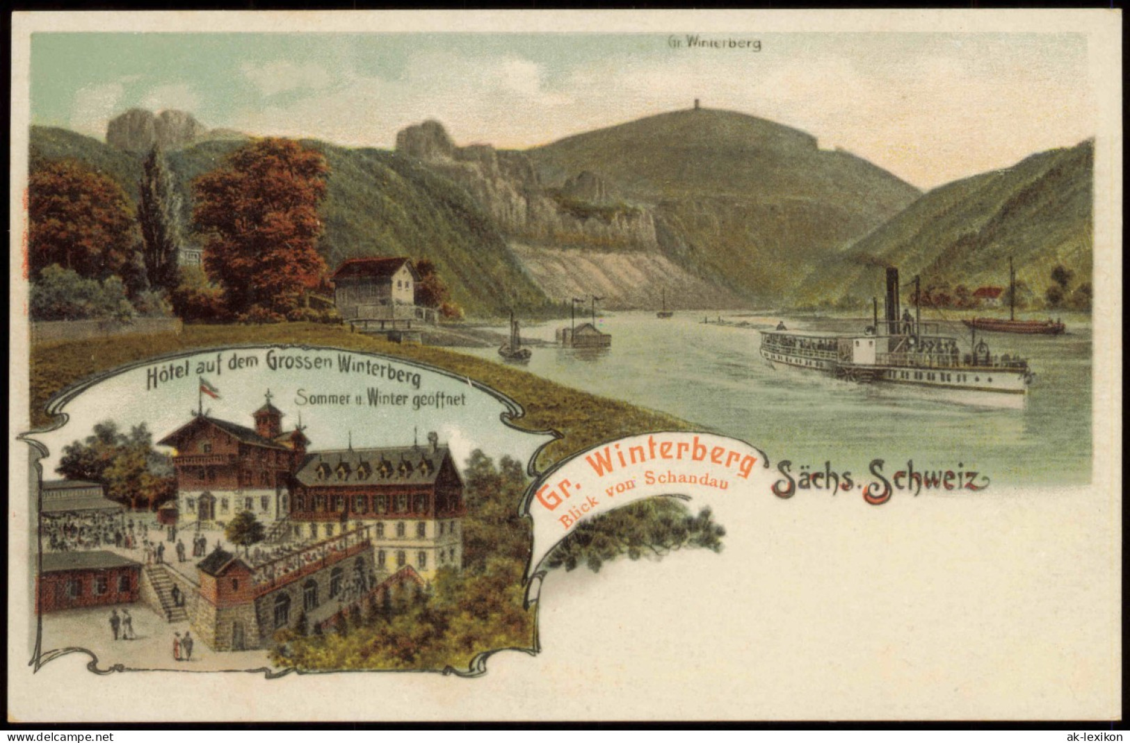 Litho AK Bad Schandau Elbe Mit Dampfer & Hotel Auf Dem Grossen Winterberg 1905 - Schmilka