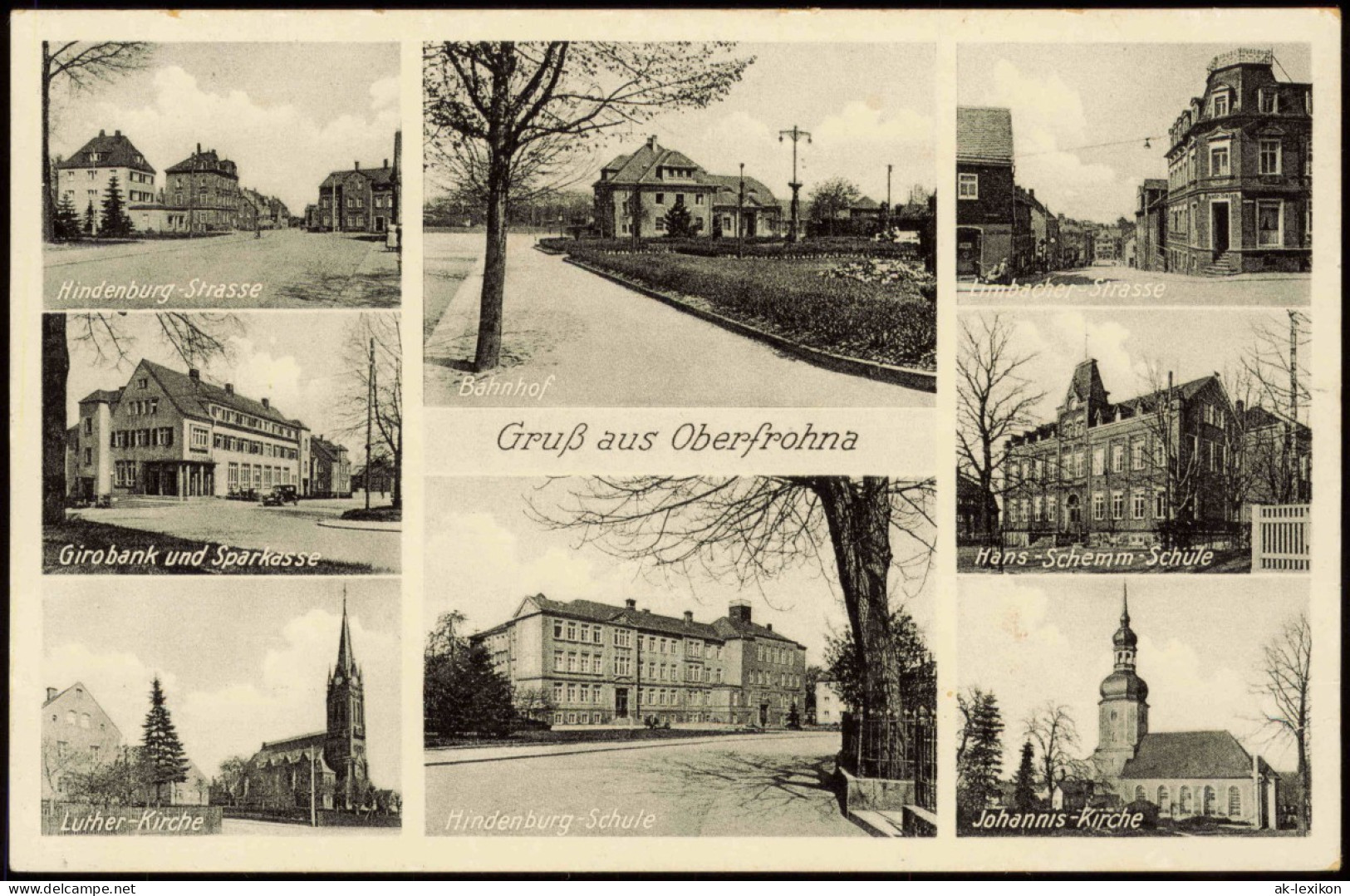 Ansichtskarte Limbach-Oberfrohna MB: Bahnhof, Girobank, Schule 1941 - Limbach-Oberfrohna