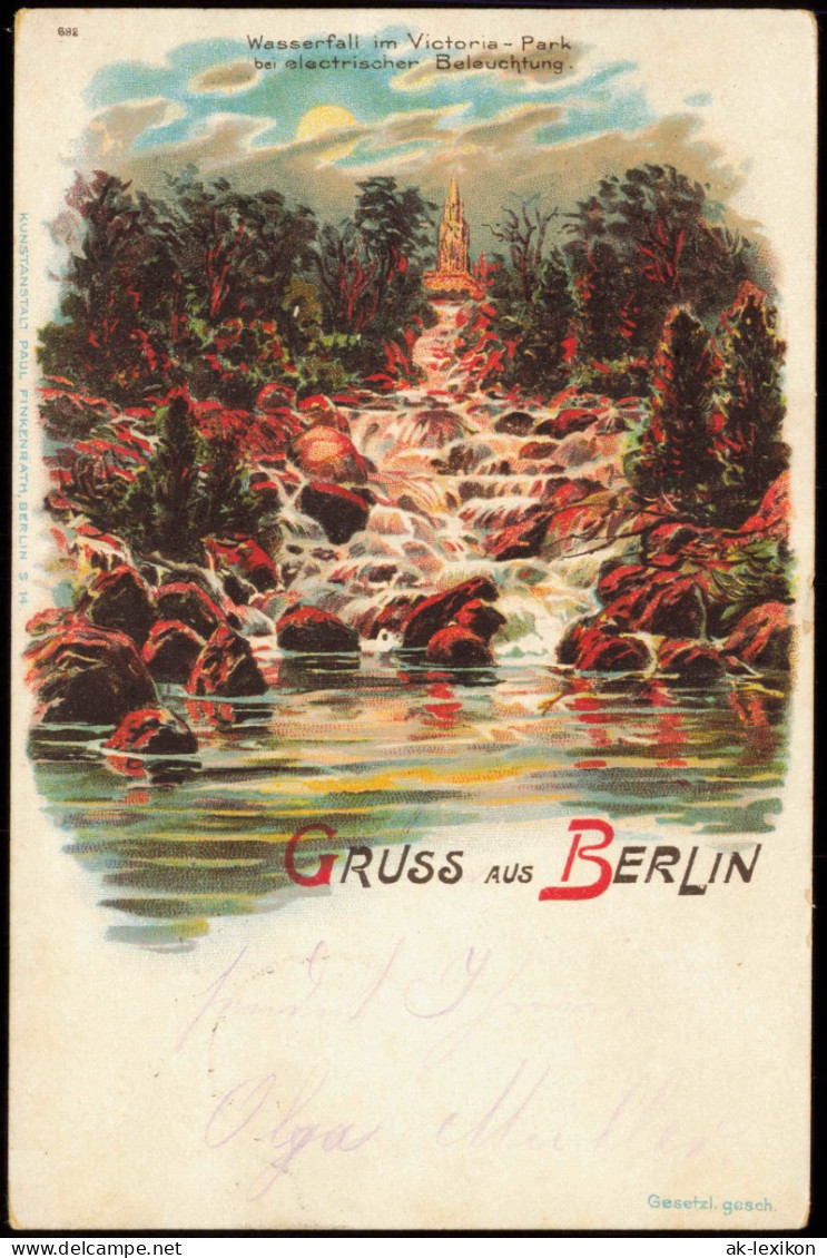 Litho AK Kreuzberg Berlin Wasserfall Victoria Park Electrische Beleuchtung 1899 - Kreuzberg