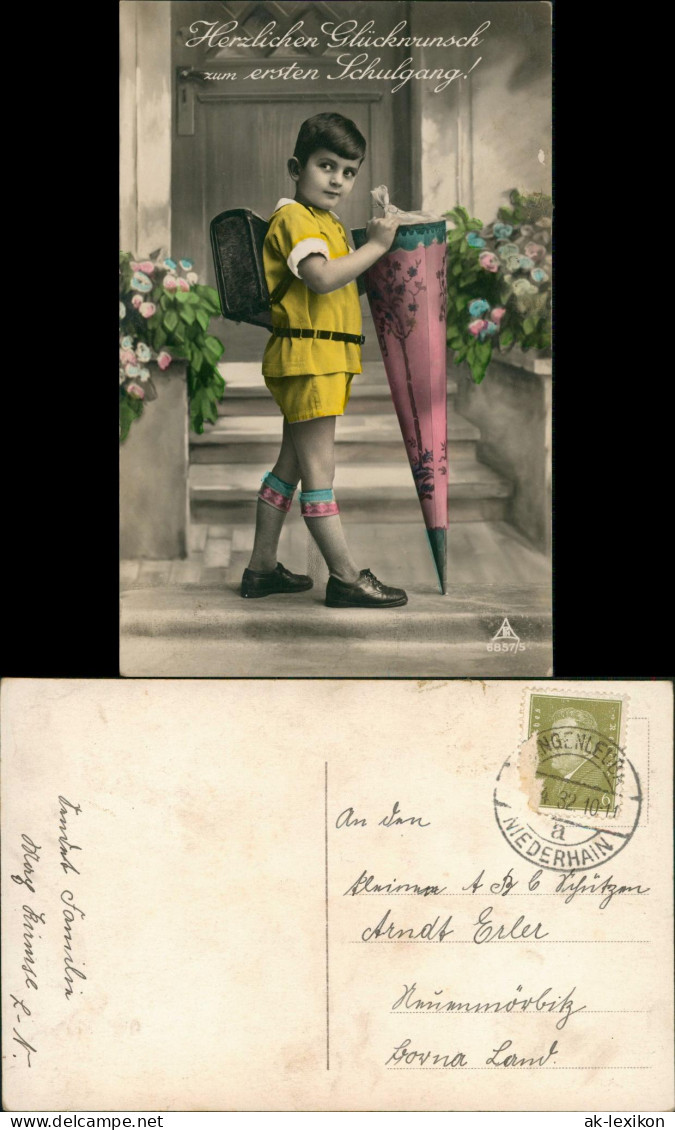 Glückwunsch - Schulanfang/Einschulung Junge Zuckertüte Colorfoto AK 1932 - Einschulung