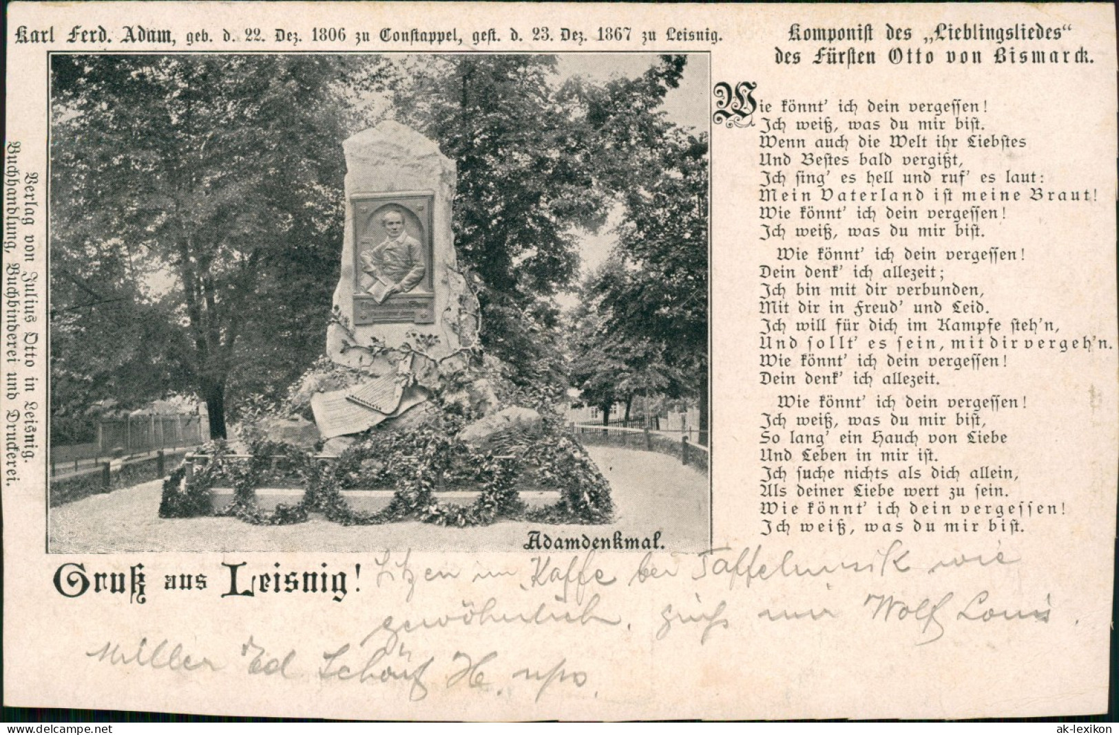 Ansichtskarte Leisnig Adam-Denkmal, Lied-Text 1915   1. Weltkrieg Feldpost - Leisnig