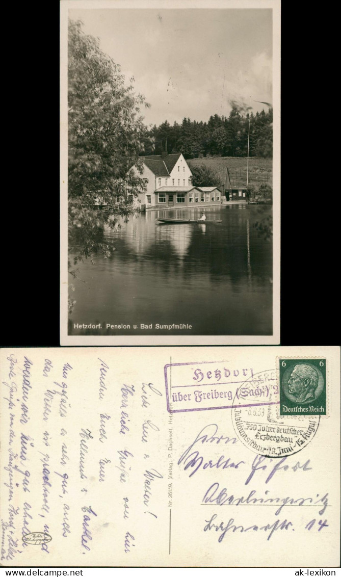 Ansichtskarte Hetzdorf-Halsbrücke Pension Bad Sumpfmühle 1933  Landpoststempel - Hetzdorf