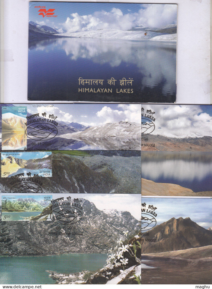 Set Of 5 Maxicard, Maximum, Himalayan Lakes 2006, Nature, Glacier, Water, Geography, Mountain, India Post Logo - Brieven En Documenten