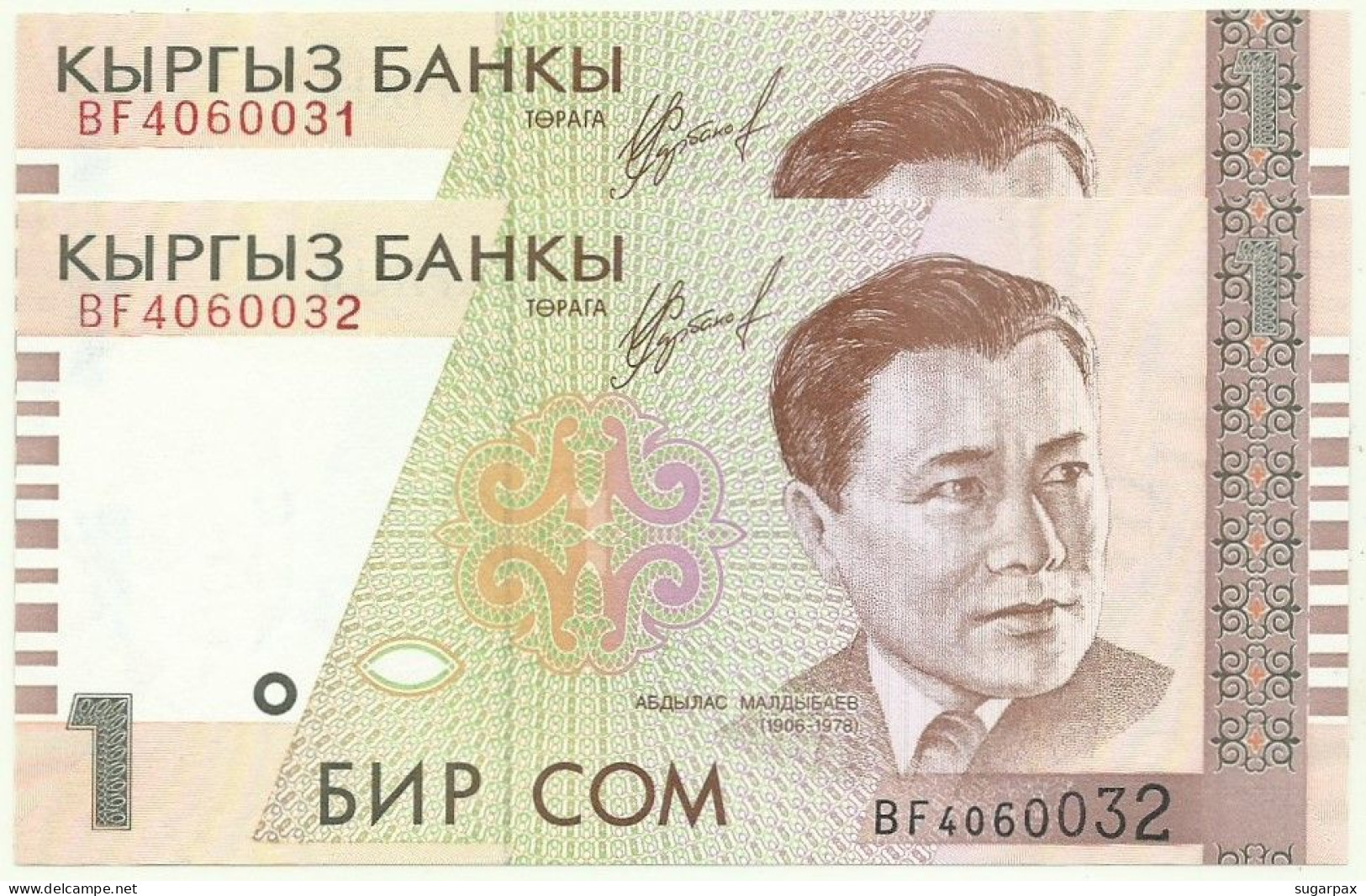 KYRGYZSTAN - 2 X 1 SOM Consecutive - 1999 - Pick 15 - UNC. - Série BF - Kirgizïe