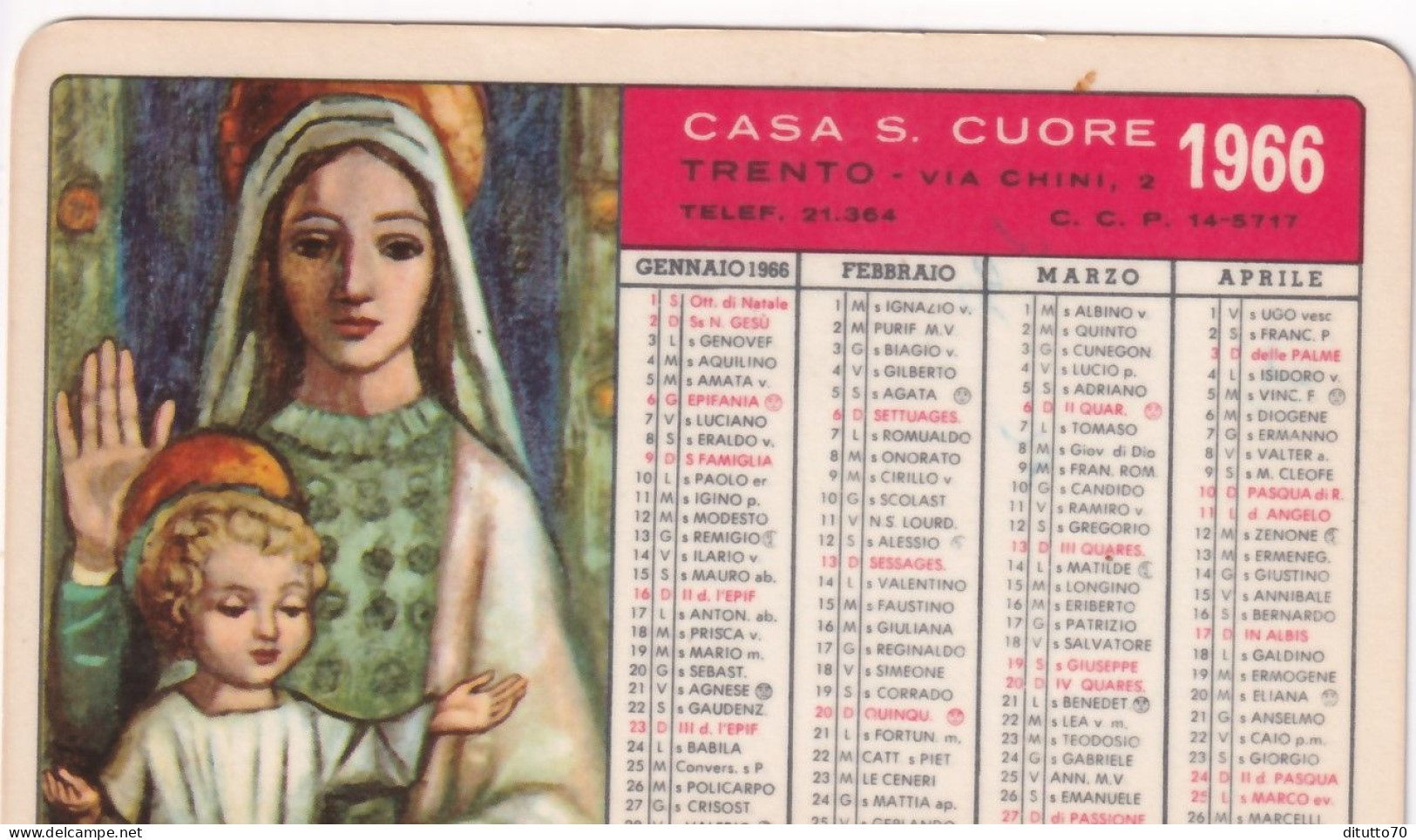 Calendarietto - Casa S.cuore - Trento - Anno 1966 - Petit Format : 1961-70