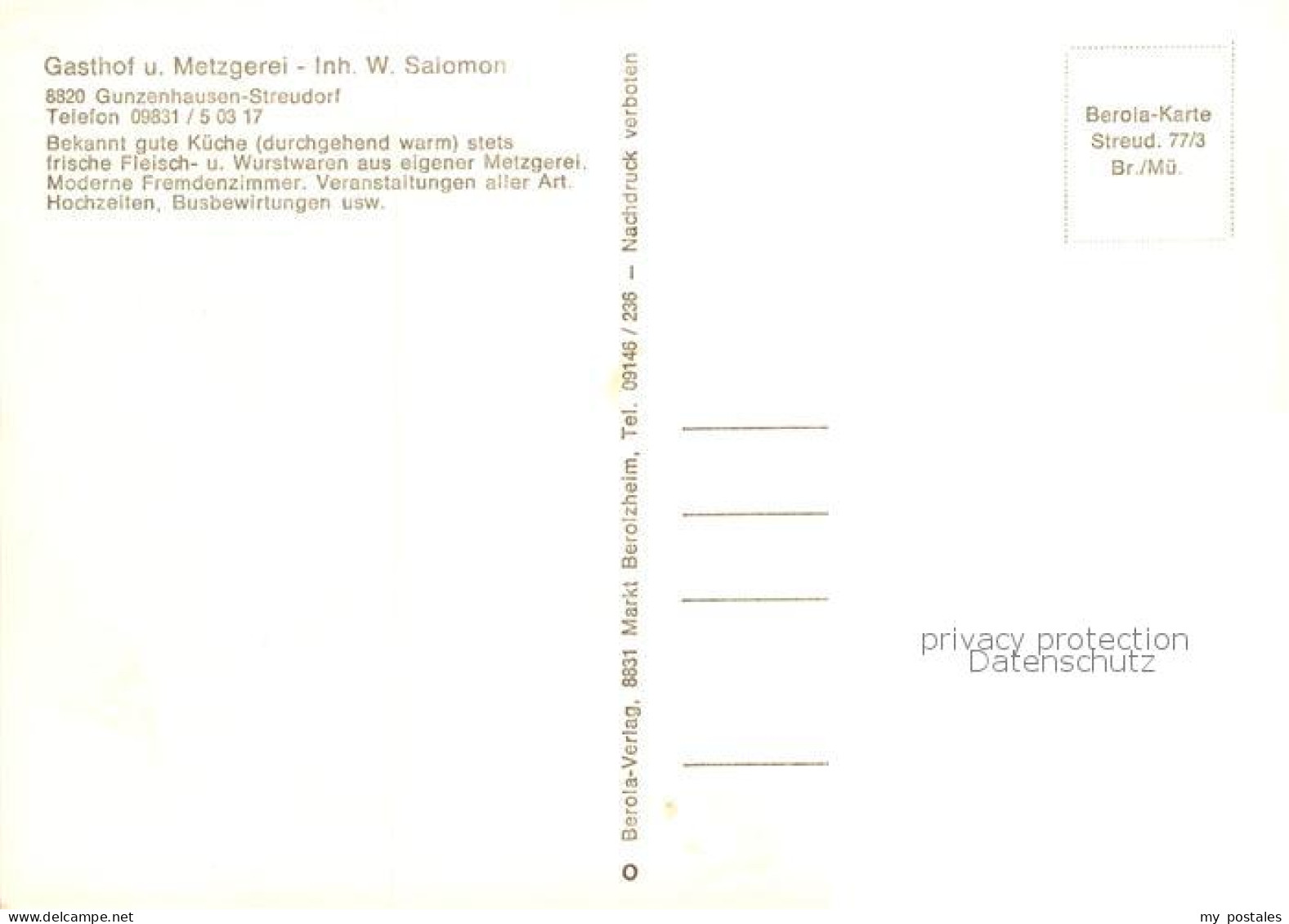 73844052 Streudorf Mittelfranken Gasthof Metzgerei Solomon Gastraeume Verkaufsth - Gunzenhausen