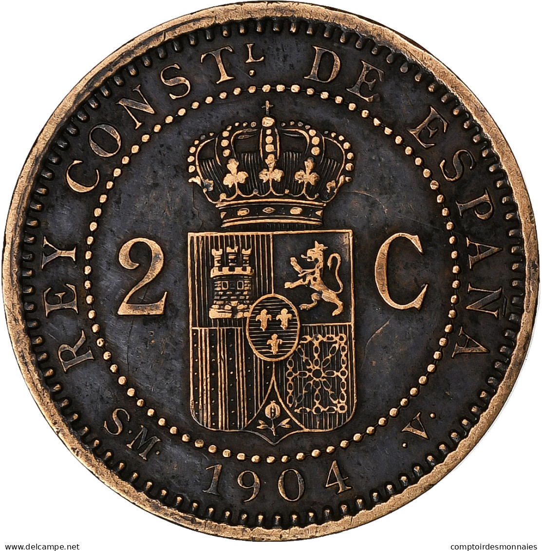 Espagne, Alfonso XIII, 2 Centimos, 1904, Madrid, Cuivre, TTB, KM:722 - Premières Frappes