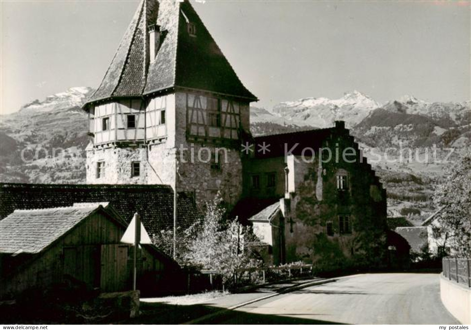 73811198 Vaduz Liechtenstein FL Das Historisches Rote Haus Mit Schweizerbergen  - Liechtenstein