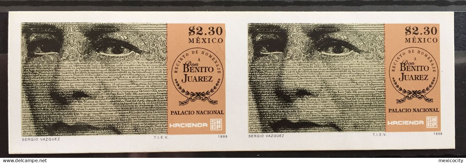 MEXICO 1998 BENITO JUAREZ Memorial Shrine Deadication IMPERFORATE Pair, Mint NH, Rare Thus (only One Pane Of 50 Found) - Mexico
