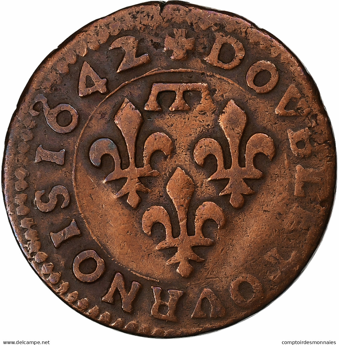 France, Gaston D'Orléans, Double Tournois, 1642, Trévoux, Cuivre, TB+ - Other & Unclassified