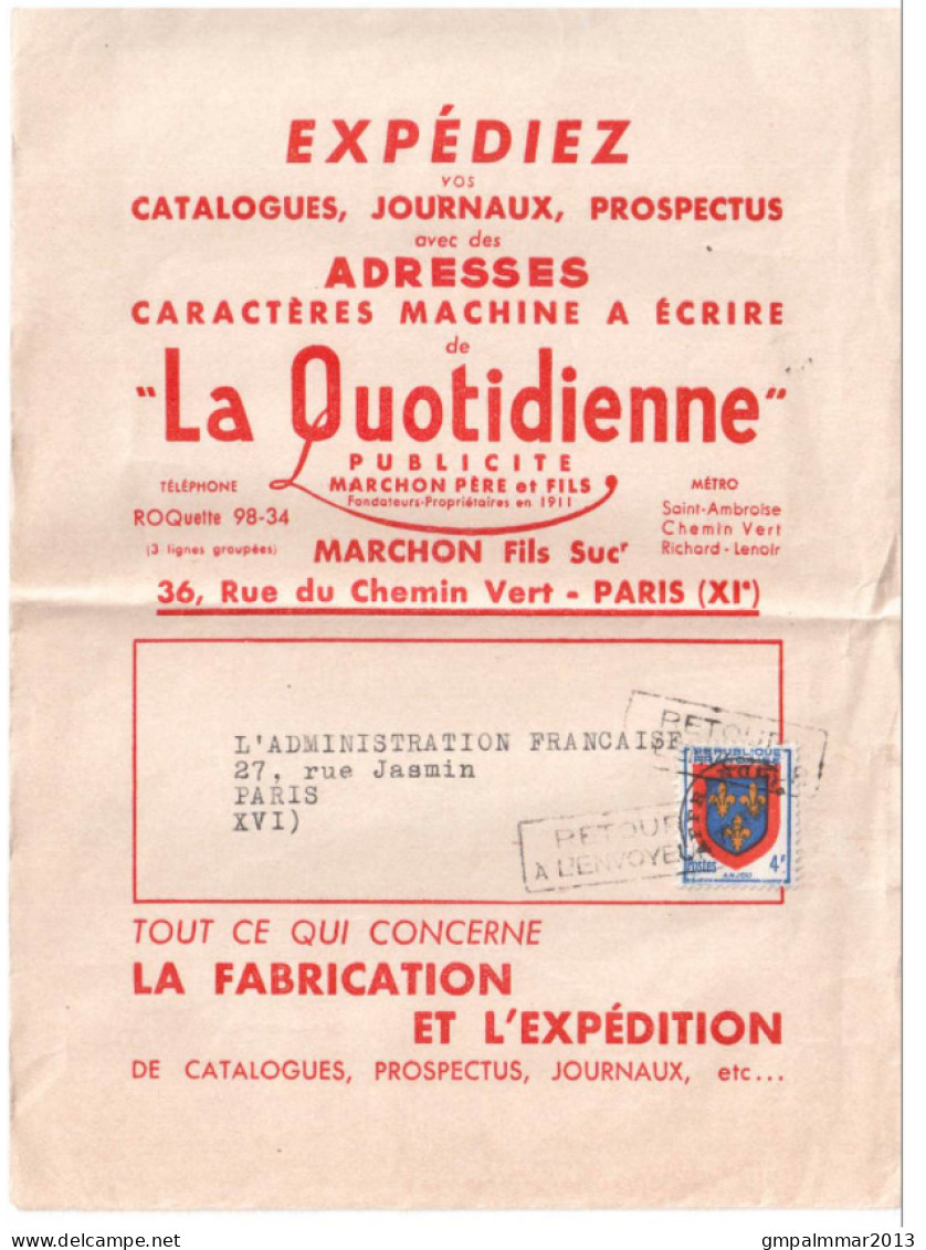 ENVELOPPE PUBLICITAIRE LA QUOTIDIENNE AVEC PREO 4 FR ANJOU . LOT 261 - Other & Unclassified