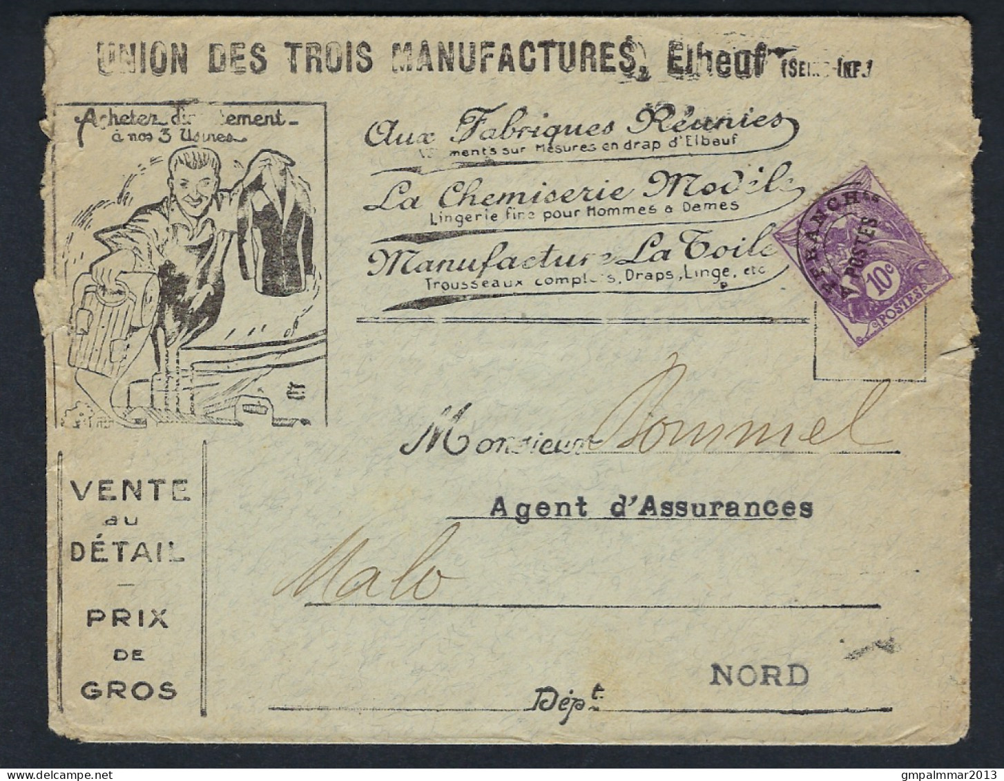 Type Blanc 10 C Préoblitéré Sur Lettre " Union Des Trois Manufactures ". LOT 279 - Autres & Non Classés