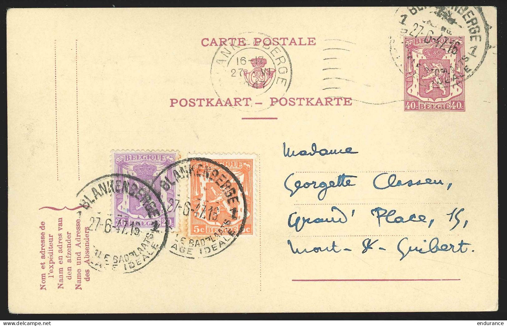 Belgique - EP 40c Lilas "Petit Sceau De L'Etat" + N°419+422 Flam.+ Càd BLANKENBERGHE/1947 Pour MONT-ST-GUIBERT - Cartes Postales 1934-1951