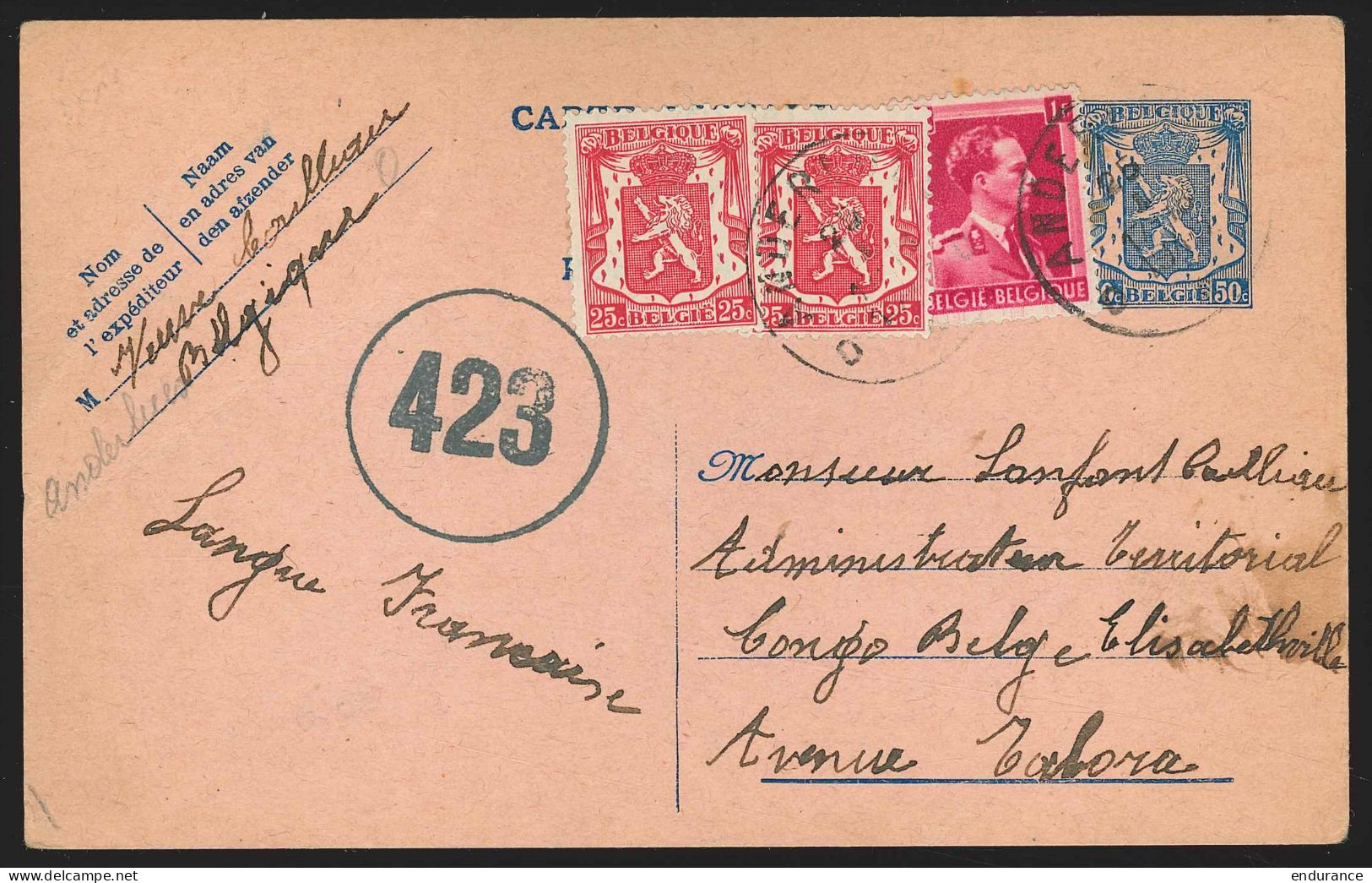Belgique - EP 50c Bleu "Petit Sceau De L'Etat" + N°423a X2 + 528 Càd ANDERLECHT/1944 Pour ELISABETHVILLE (Congo) + Cache - Briefkaarten 1934-1951