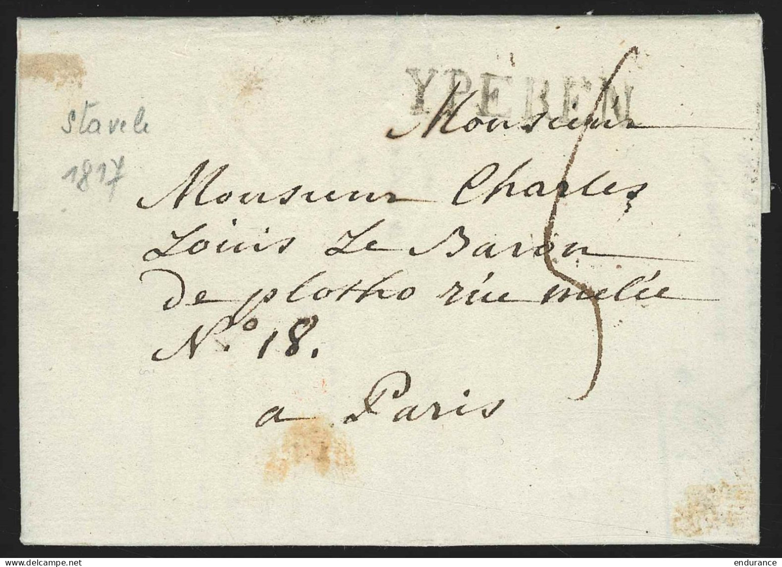 Belgique - L. Datée 1817 De STAVELE Pour PARIS + Griffe "YPEREN" + Port 5 (au Dos: Càd Arrivée PARIS/OCT/19/1817) - 1815-1830 (Dutch Period)