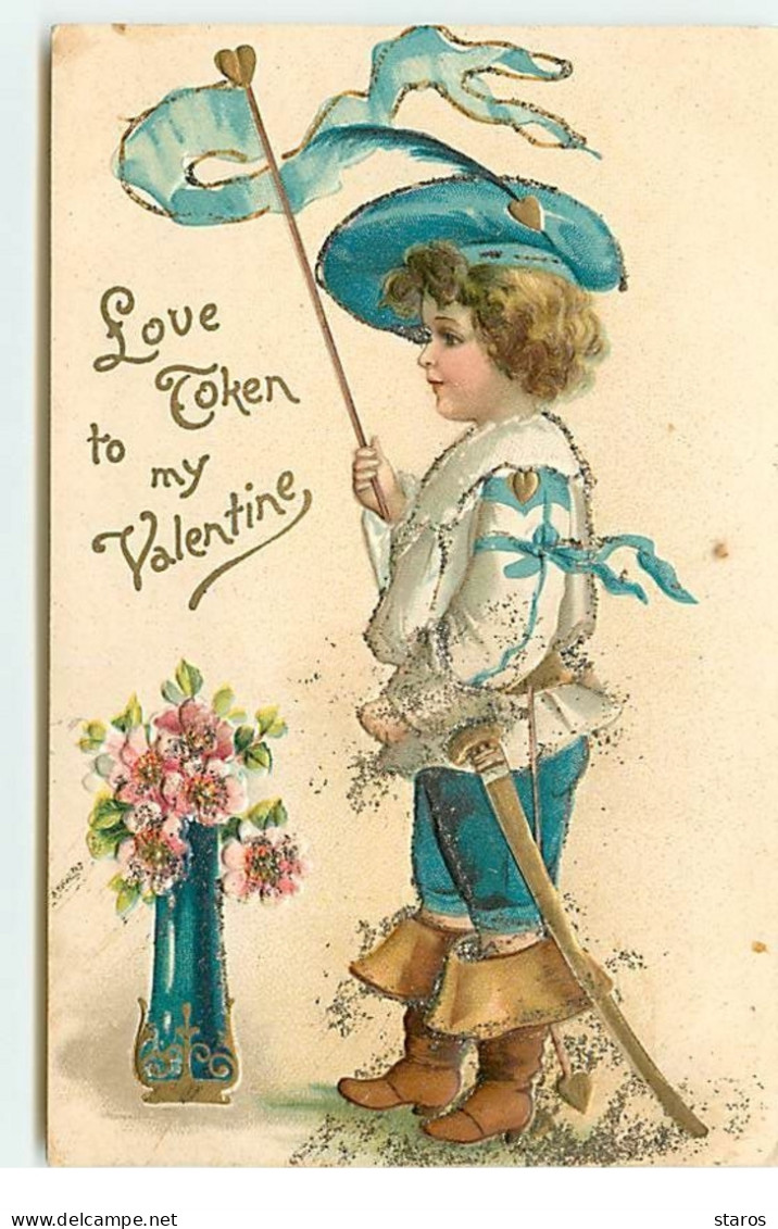 Carte Gaufrée - Clapsaddle - Love Token To My Valentine - Garçon Devant Un Vase Remplie De Fleurs - Valentine's Day