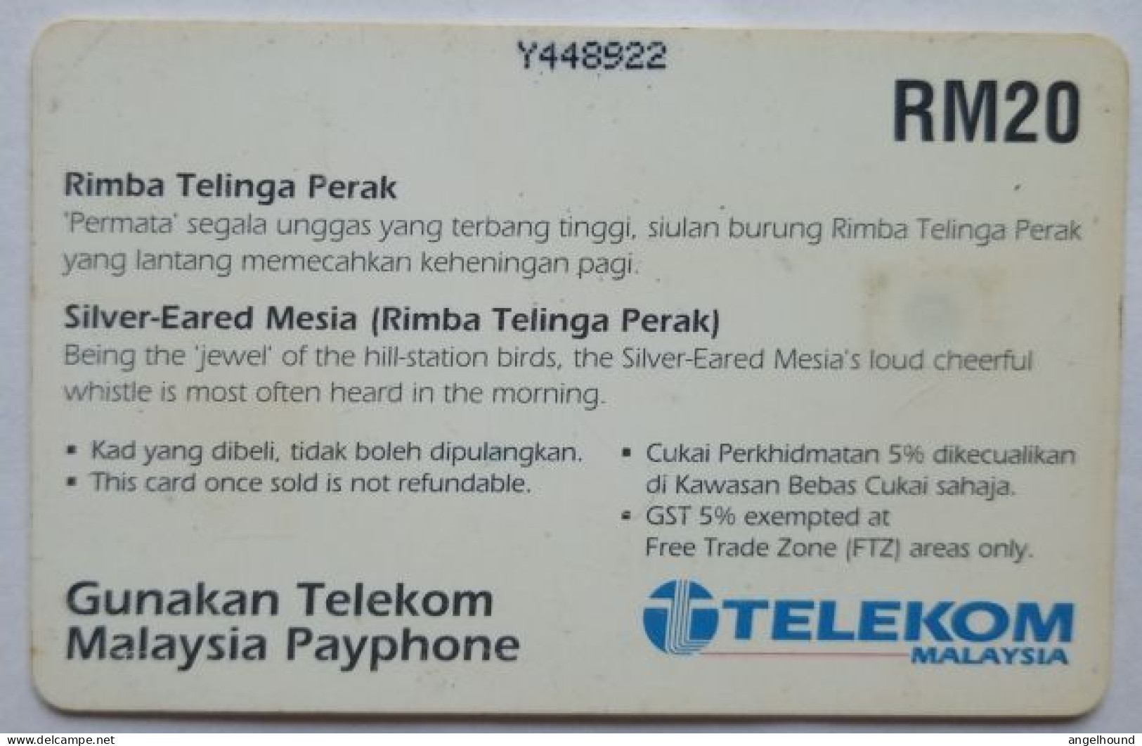 Malaysia RM20 Chip Card - Rimba Telinge Perak ( Silver-Eared Mesia - Malaysia