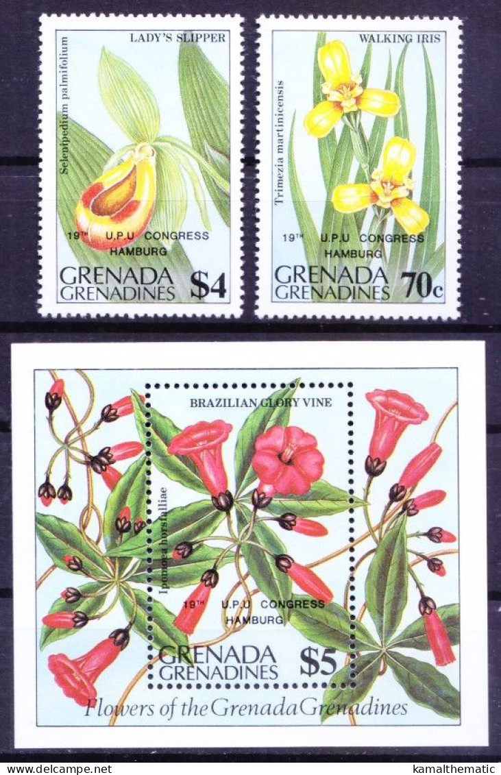 Grenada Grenadines 1984 MNH MS+2v, U.P.U Congress, Flowers OVP Overprint - UPU (Union Postale Universelle)