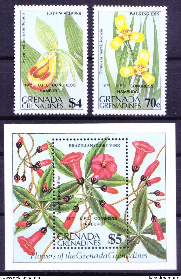 Grenada Grenadines 1984 MNH MS+2v, U.P.U Congress, Flowers OVP Overprint - UPU (Wereldpostunie)