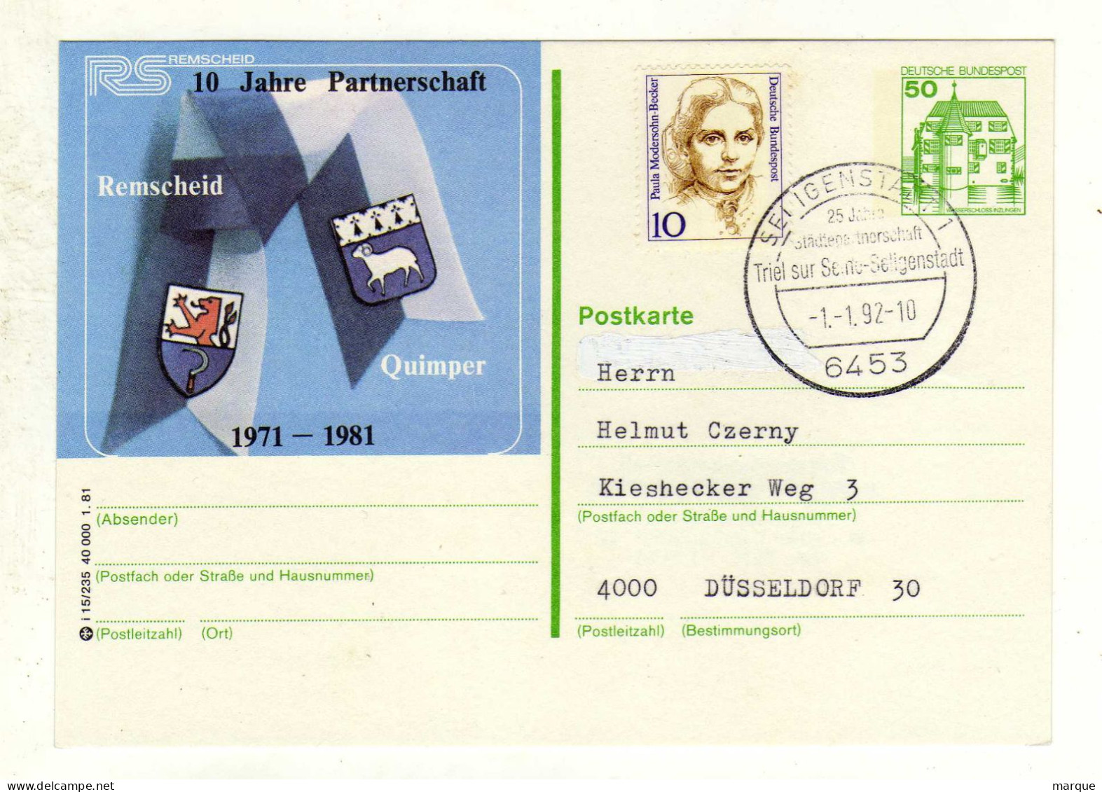 Carte ALLEMAGNE DEUTSCHE BUNDESPOT Oblitération SEI IGENSTATT 1 01/01/1992 - Illustrated Postcards - Used