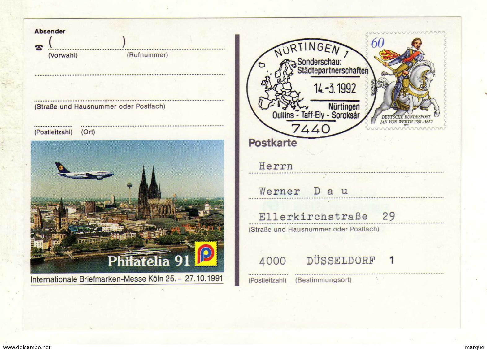Carte ALLEMAGNE DEUTSCHE BUNDESPOT Oblitération NURTINGEN 1 14/03/1992 - Geïllustreerde Postkaarten - Gebruikt