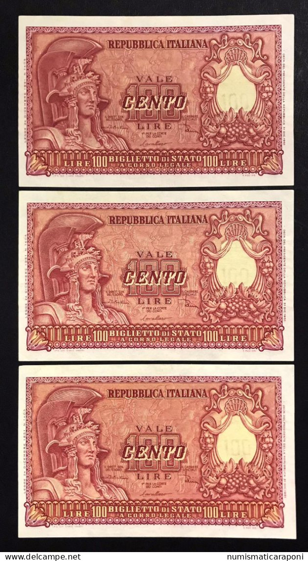 100 Lire 1951 Italia Elmata Di Cristina 3 Es. Consecutivi Q.sup LOTTO 636 - 100 Liras