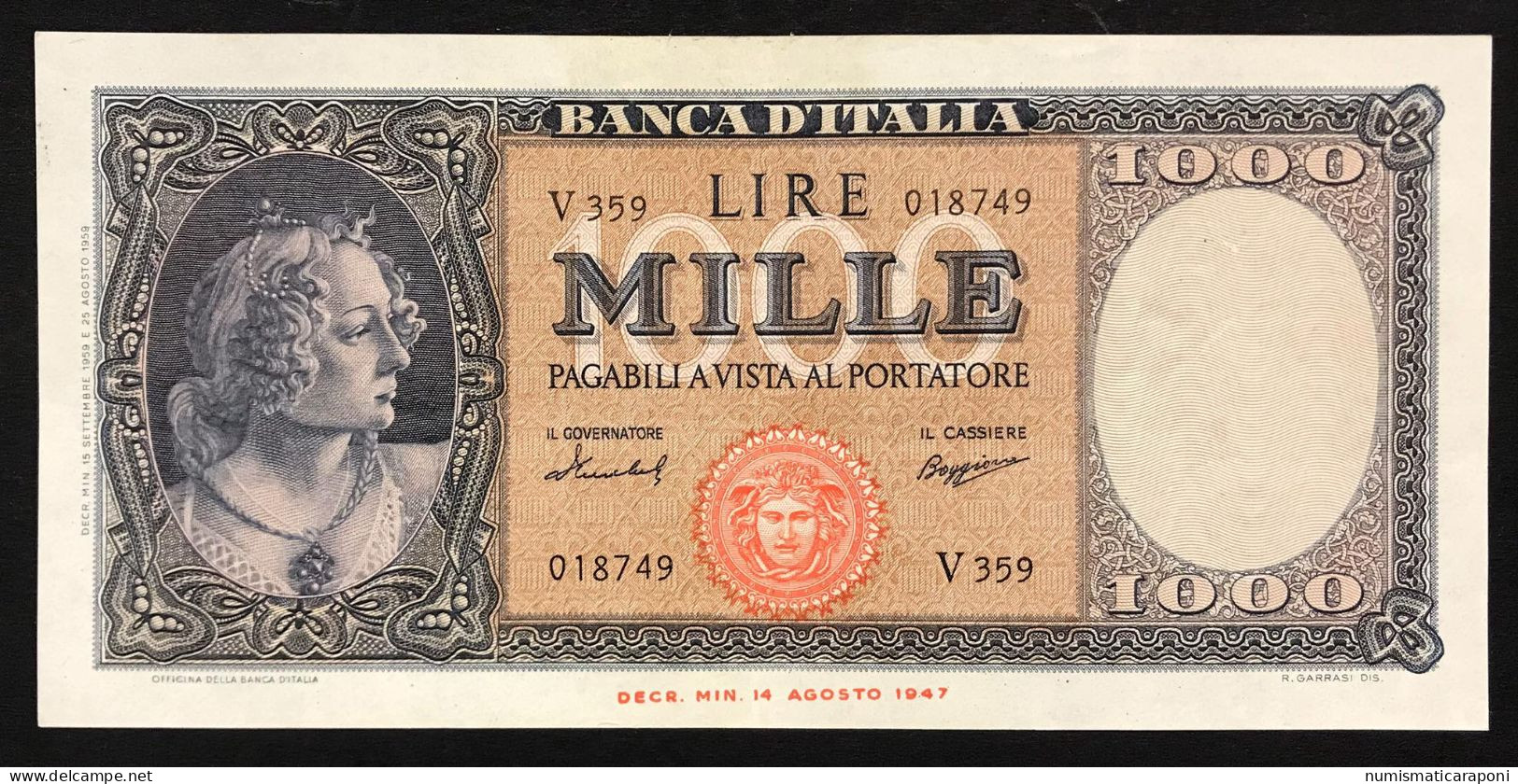 1000 Lire Medusa 15 09 1959 Q.spl Naturale Leggere Pieghe LOTTO 651 - 1000 Liras