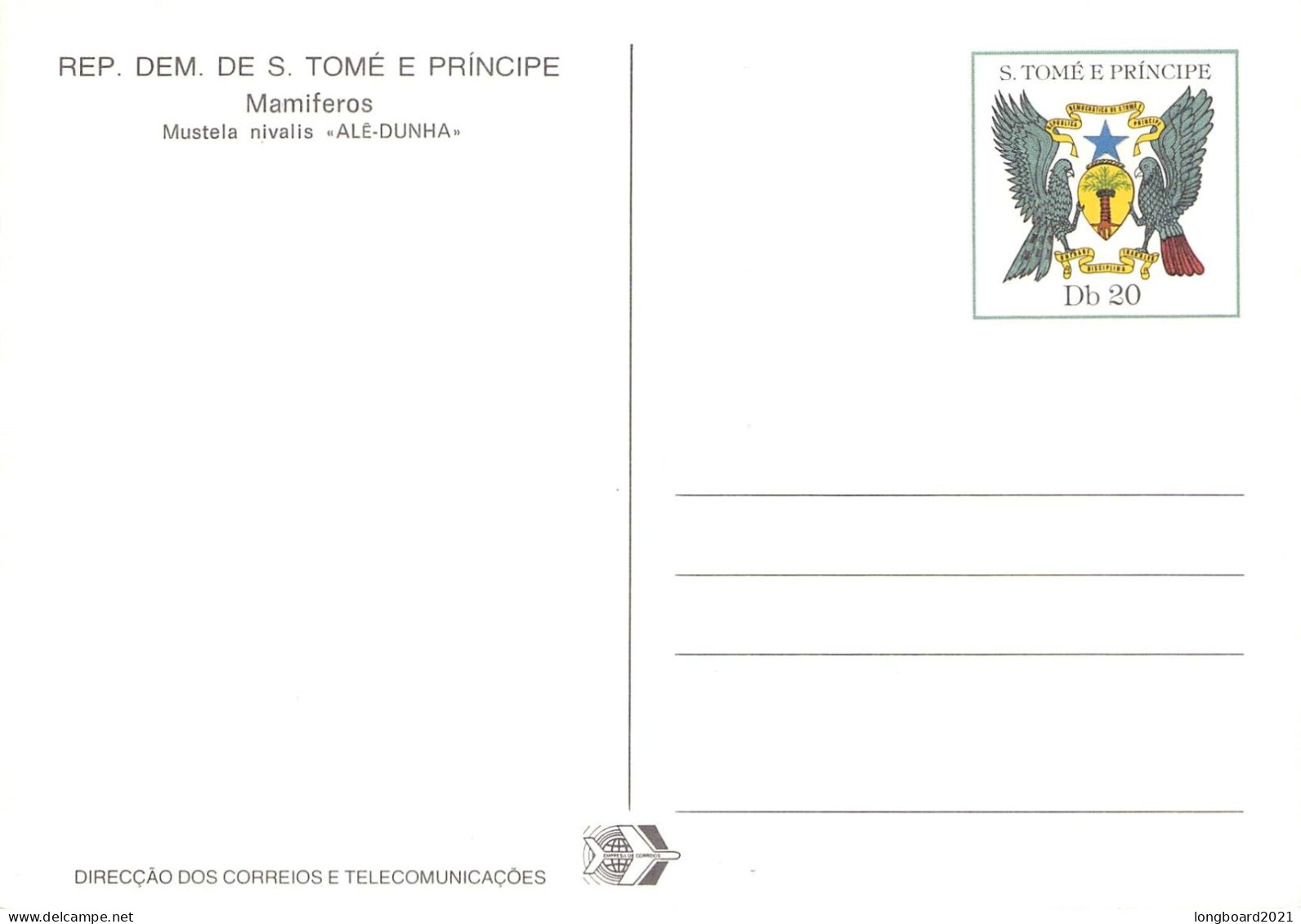 SAO TOMÉ & PRINCIPE - POSTCARD 20Db MUSTELA NIVALIS  / 6037 - Sao Tomé E Principe