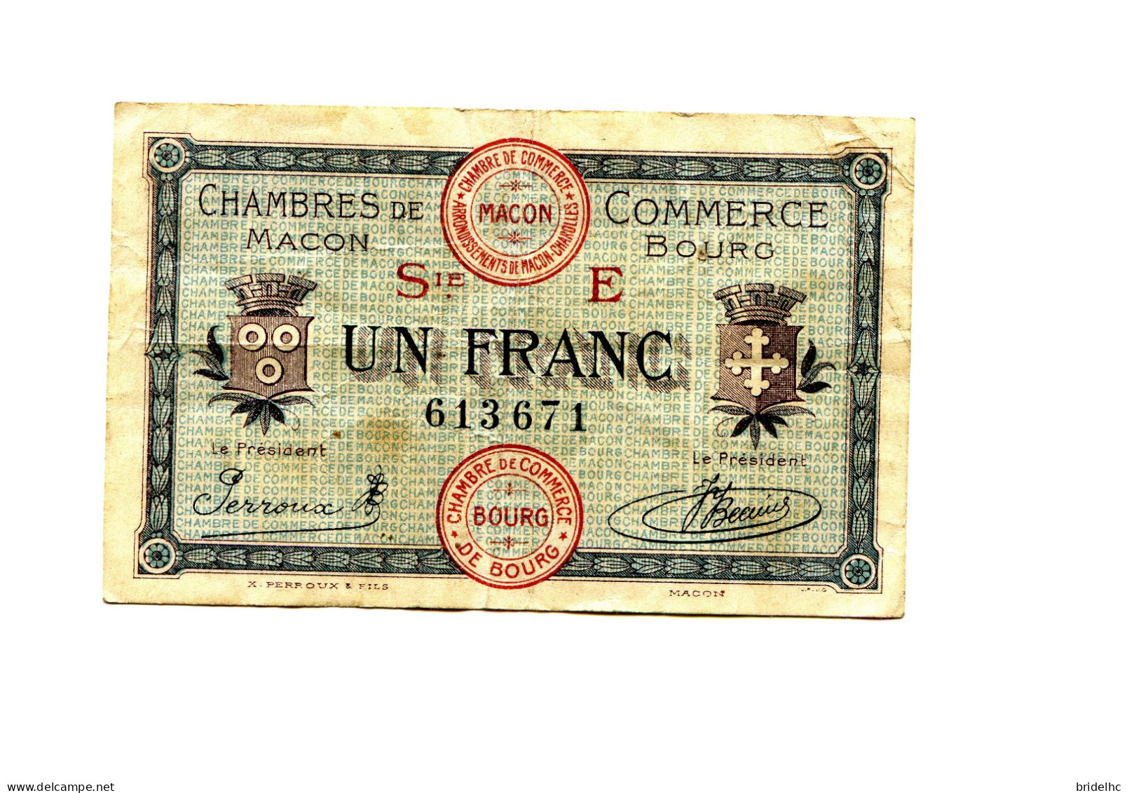 1 Franc Chambre De Commerce Macon Bourg 1920 - Cámara De Comercio