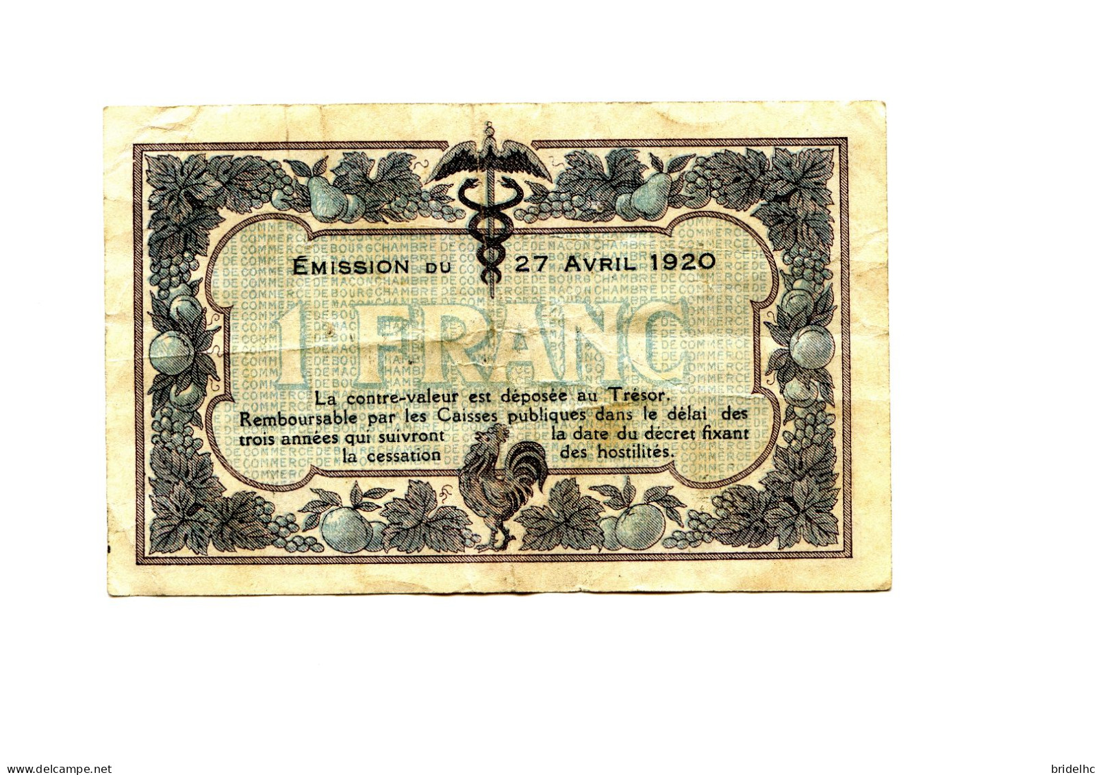 1 Franc Chambre De Commerce Macon Bourg 1920 - Cámara De Comercio