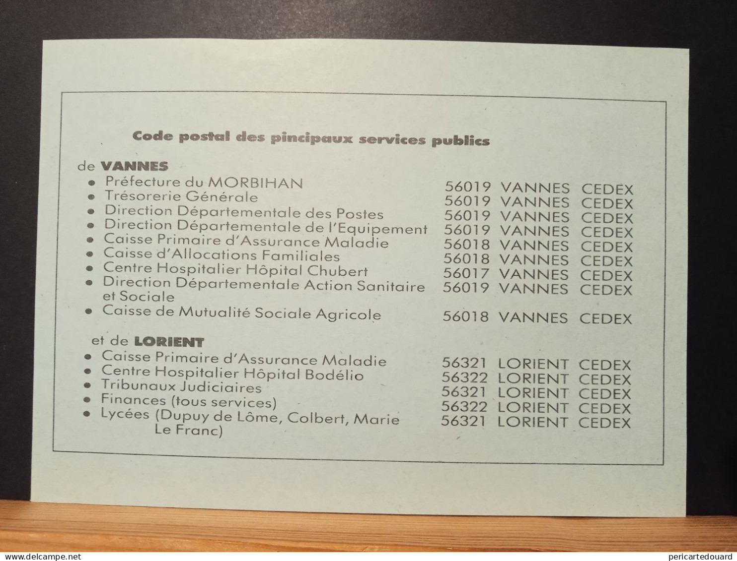 Code Postal. Feuillet Explicatif Pour Les Codes Postaux Cedex De VANNES Et LORIENT - Covers & Documents