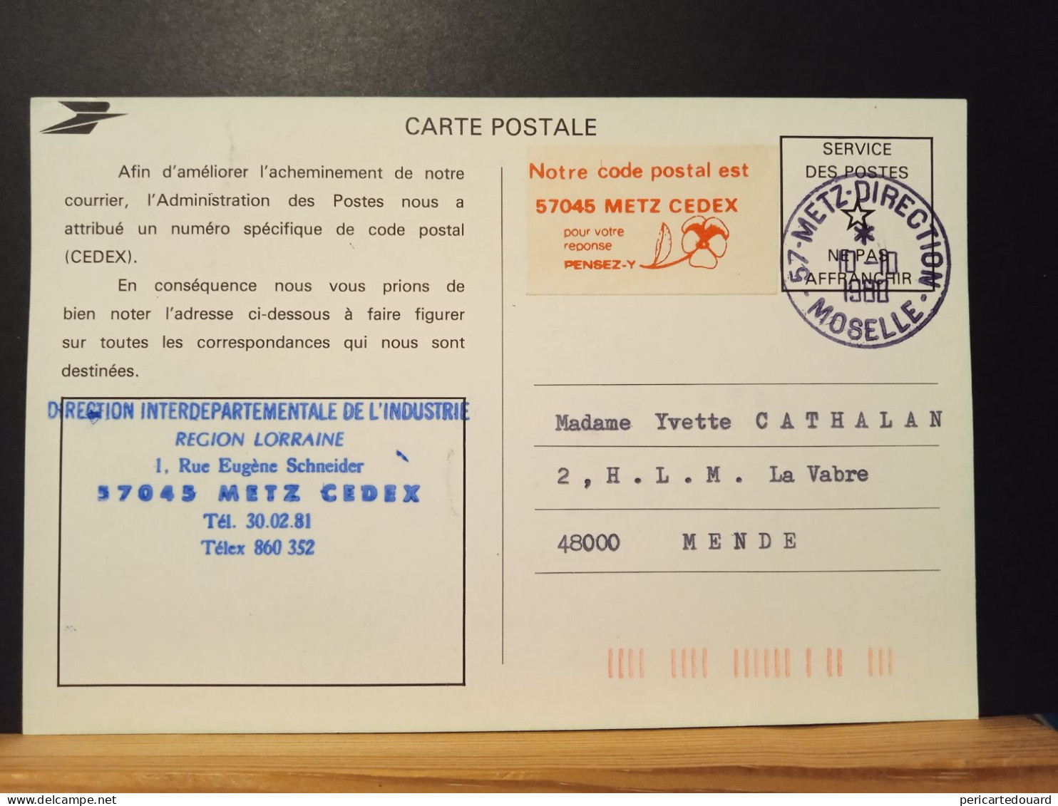 Code Postal. Carte Postale Oblitérée En Franchise, Vignette 57045 METZ CEDEX - Briefe U. Dokumente