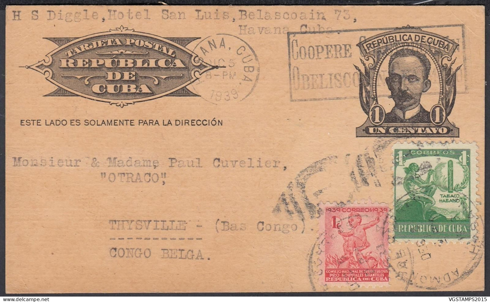 Cuba 1939 - Entier Postal Sur Carte Postale De L'Havana Destination Thysville-Congo Belge ... (EB) DC-12463 - Gebraucht