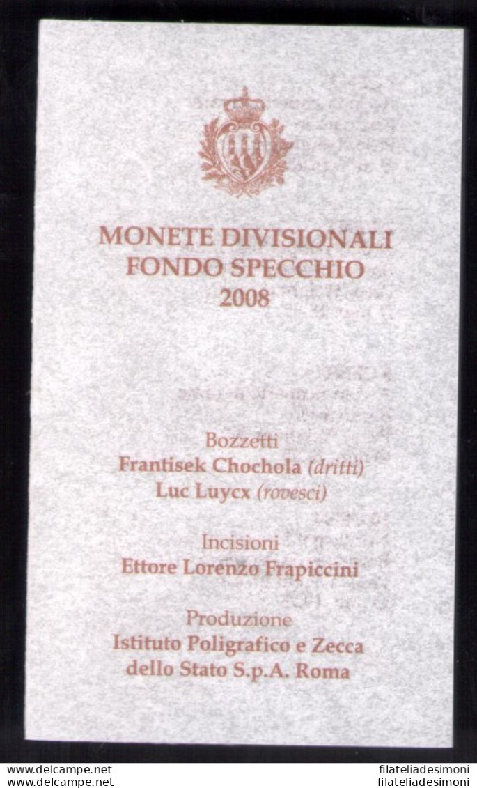 2008 San Marino, Divisionali, 8 Valori, Proof - Fondo Specchio - San Marino