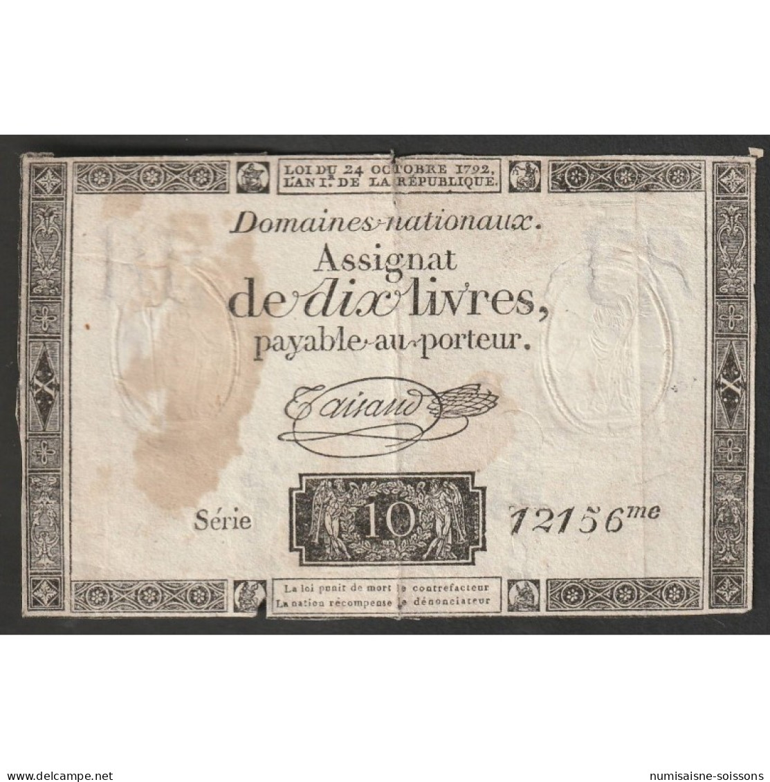 ASSIGNAT DE 10 LIVRES - 24/10/1792 - DOMAINES NATIONAUX - SERIE 12156 - TB+ - Assignats & Mandats Territoriaux