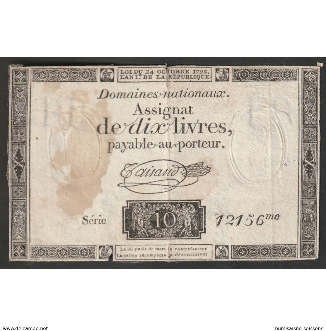 ASSIGNAT DE 10 LIVRES - 24/10/1792 - DOMAINES NATIONAUX - SERIE 12156 - TB+ - Assignats