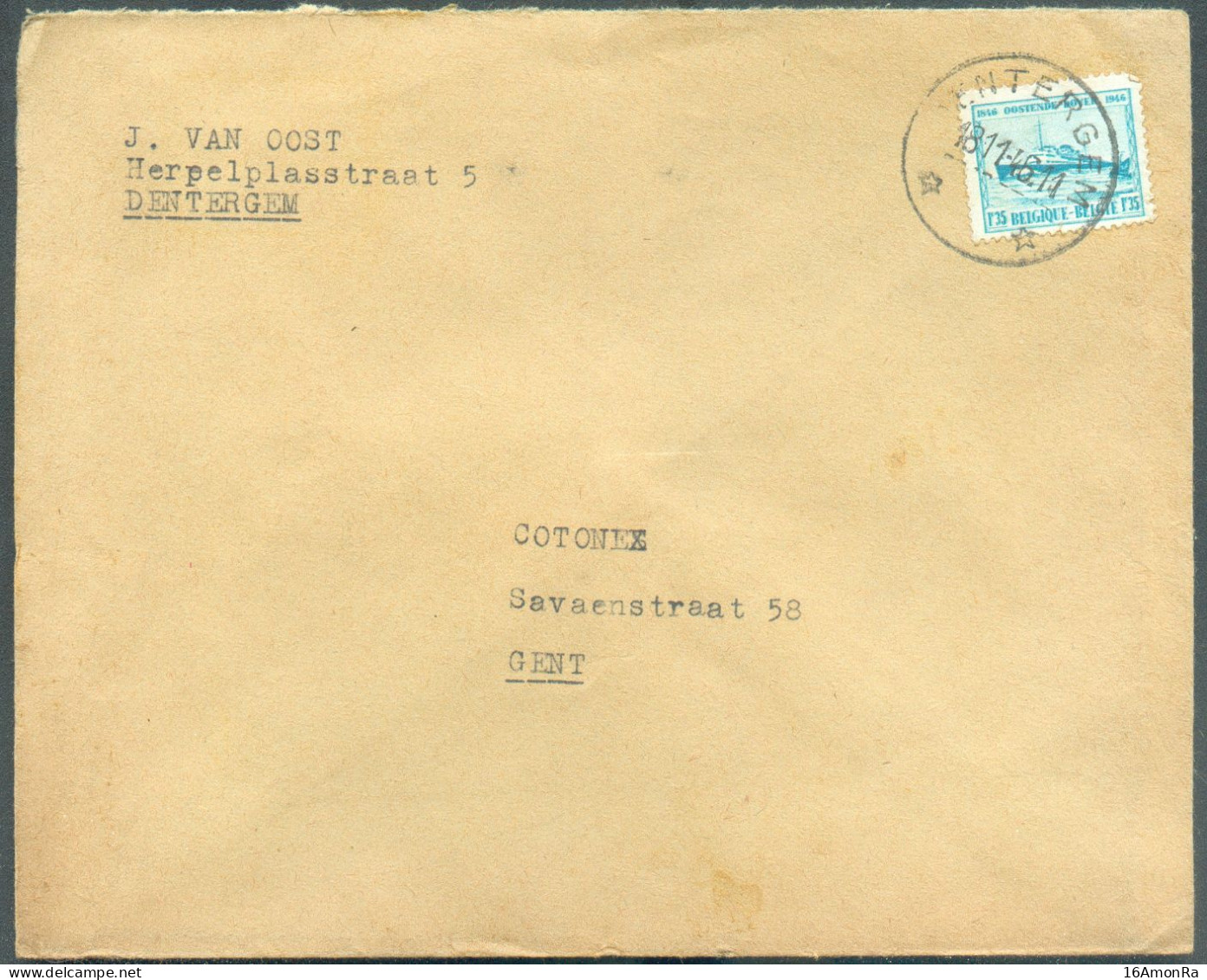 N°725 - 1Fr.35 OSTENDE-DOVER Obl. Sc Relais De DENTERGEM * Sur Lettre  à En-tête (J VAN OOST) Du 18-11-1948 Vers Gent - - Sternenstempel