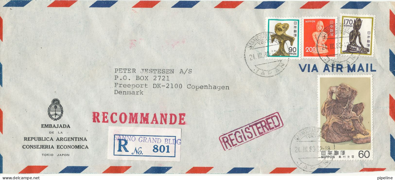 Japan Registered Air Mail Cover Sent To Denmark 24-3-1983 Topic Stamps (sent From The Embassy Of Argentina Tokyo) - Luchtpost