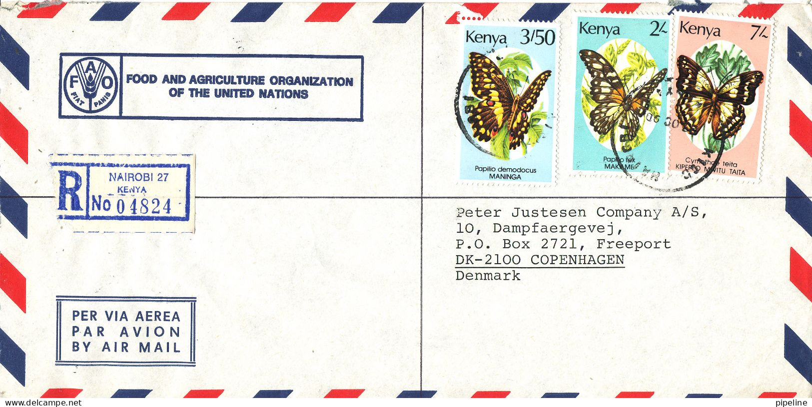 Kenya Registered Air Mail Cover Sent To Denmark 23-10-1990 Topic Stamps (sent From UN Food And Agriculture Programme Nai - Kenya (1963-...)