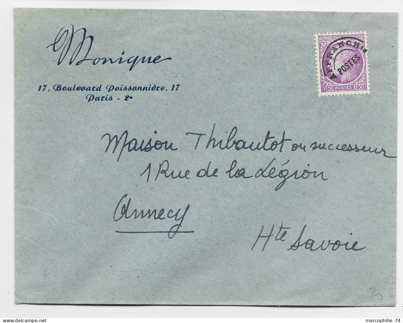 MAZELIN 1FR50  PREO SEUL LETTRE ENTETE MONIQUE PARIS BOULEVARD POISSONNIERE  AU TARIF - 1945-47 Cérès De Mazelin