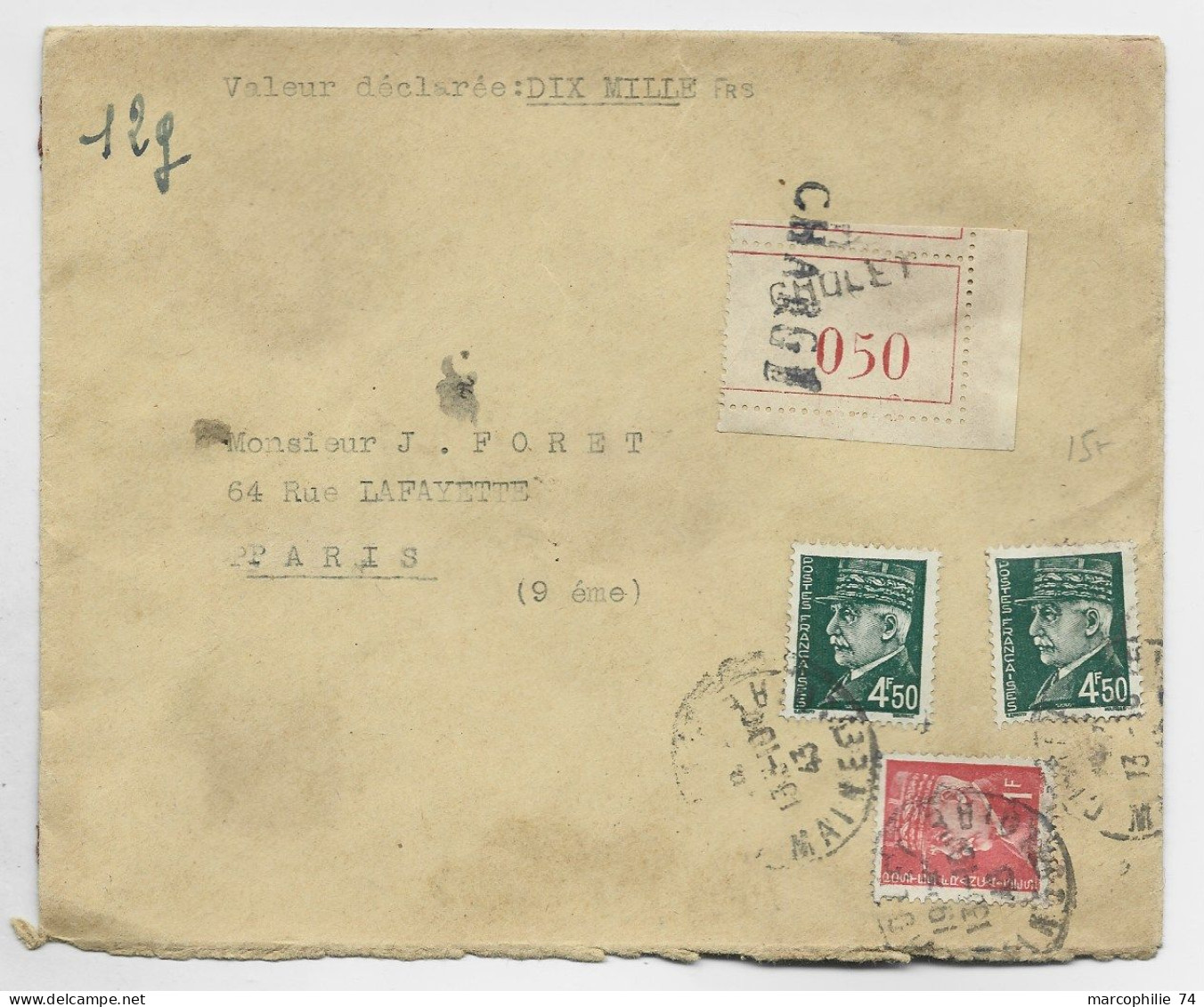 PETAIN 4FR50X2+1FR LETTRE CHARGE CHOLET MAINE ET LOIRE 1943   AU TARIF - 1941-42 Pétain