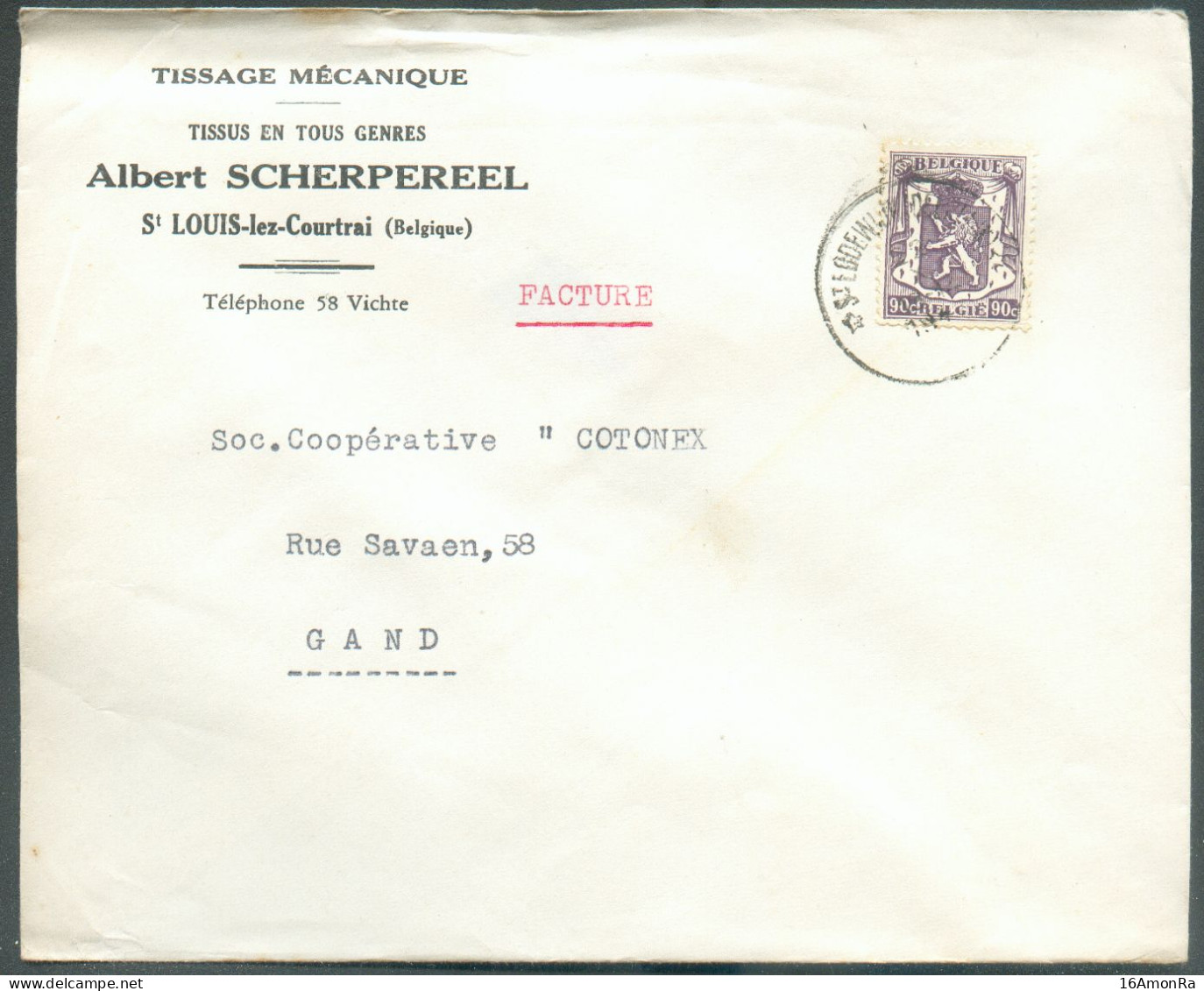 N°714 - 90c. LION Sceau De L'Etat Obl. Sc Relais De St LODEWIJK KORTRIJK * Sur Lettre  à En-tête (Tissage Mécanique A SC - Postmarks With Stars