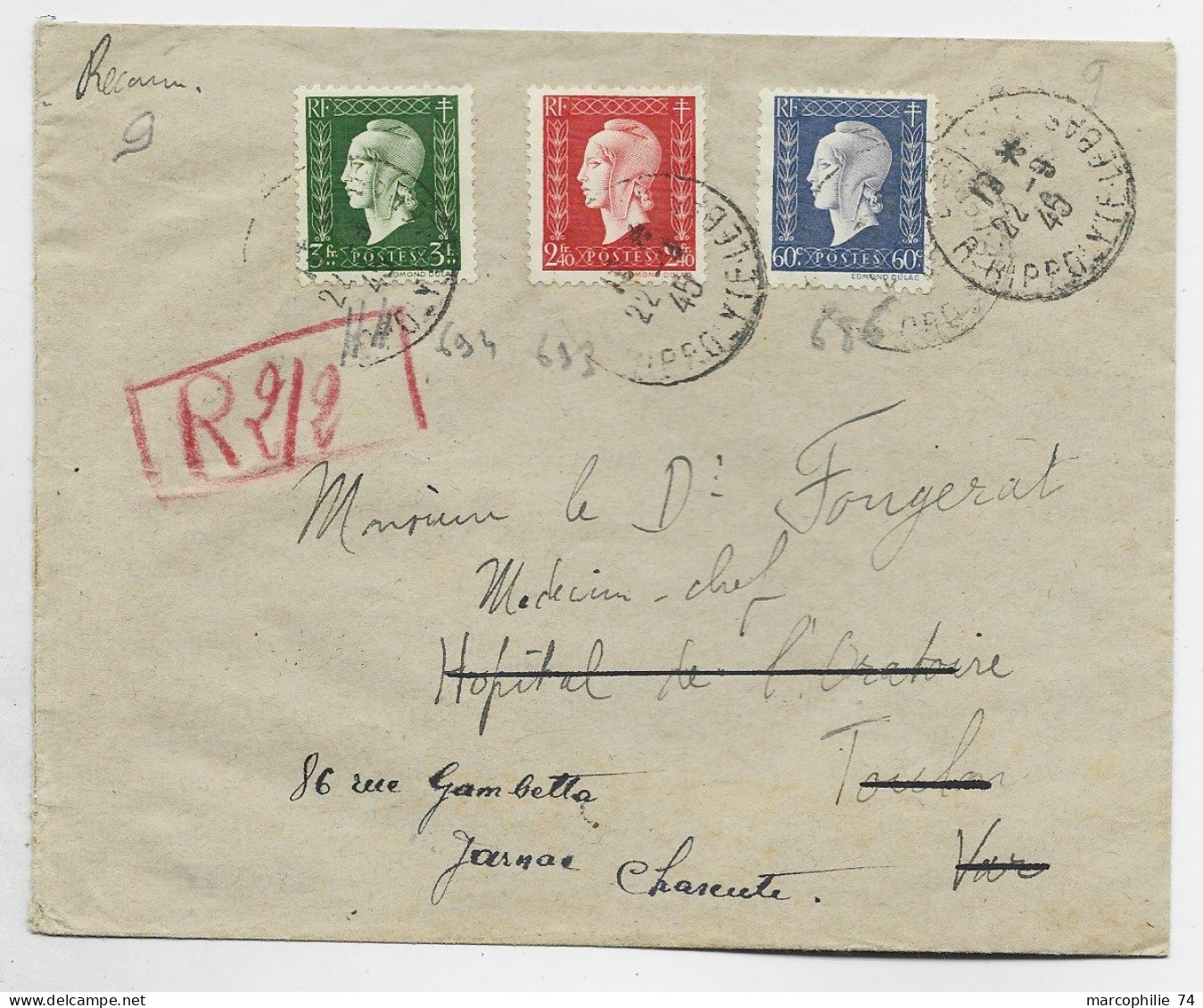 FRANCE DULAC 2FR40 +60C+3FR LETTRE REC PROVISOIRE PARIS 22.9.1945 AU TARIF - 1944-45 Marianne Of Dulac