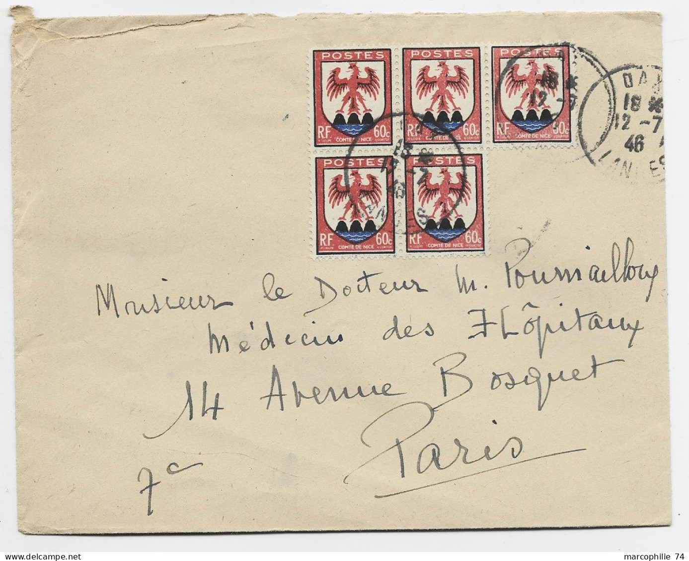 FRANCE  BLASON 60C NICE BLOC DE 5 LETTRE COVER DAX LANDES 12.7.1946   AU TARIF - 1941-66 Escudos Y Blasones