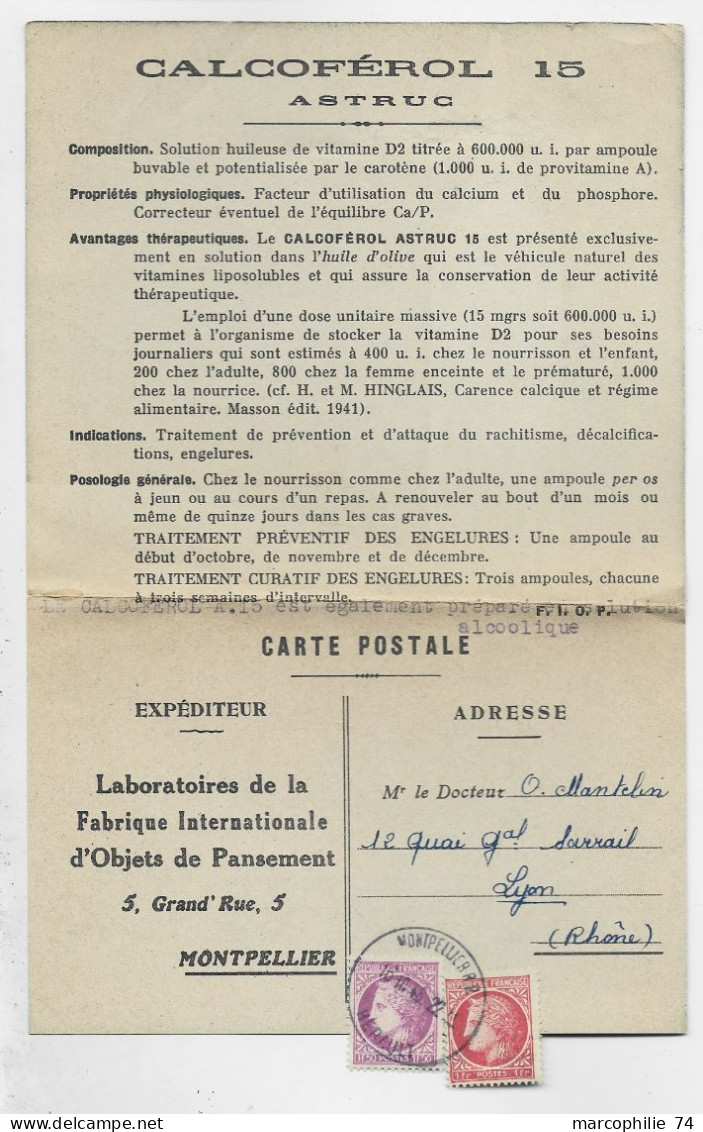 FRANCE  MAZELIN 1FR50+1FR CARTE POSTALE PUB DOUBLE LABORATOIRE OBJET PANSEMENT MONTPELLIER 16.10.1946 HERAULT - 1945-47 Ceres Of Mazelin