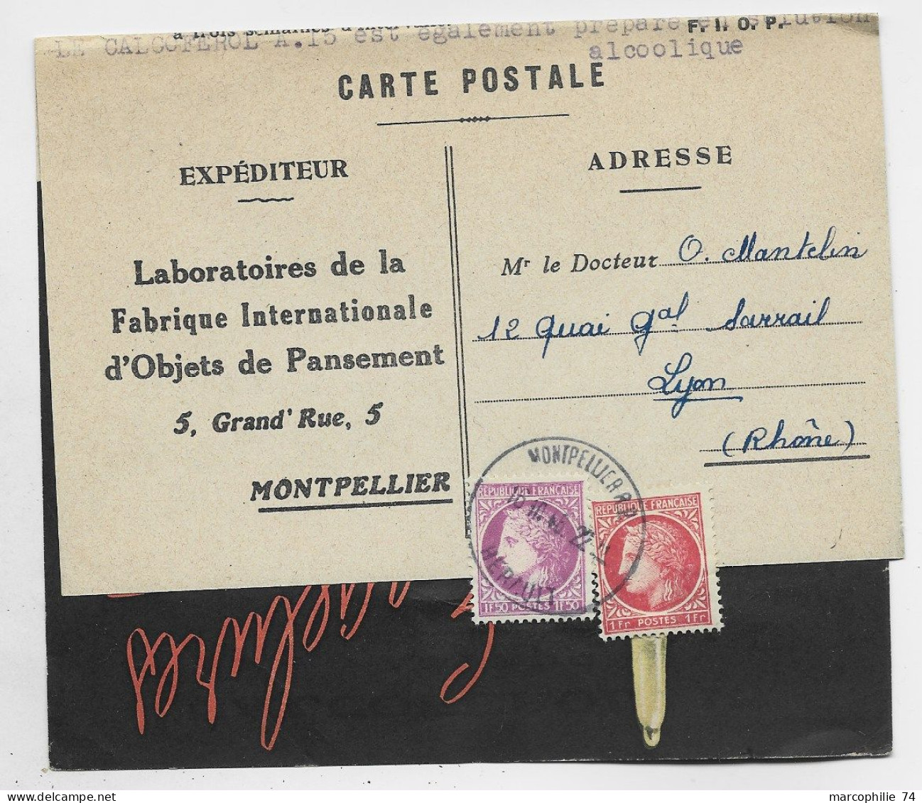 FRANCE  MAZELIN 1FR50+1FR CARTE POSTALE PUB DOUBLE LABORATOIRE OBJET PANSEMENT MONTPELLIER 16.10.1946 HERAULT - 1945-47 Ceres De Mazelin