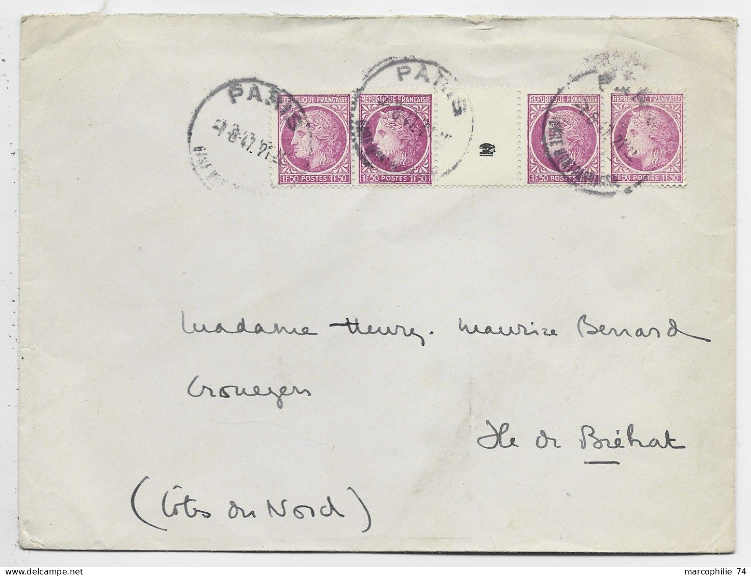 FRANCE  MAZELIN 1FR50 BANDE DE 4 INTERPANNEAU LETTRE COVER PARIS 7.8.1947 AU TARIF GARE MONTPARNASSE AU TARIF - 1945-47 Ceres Of Mazelin