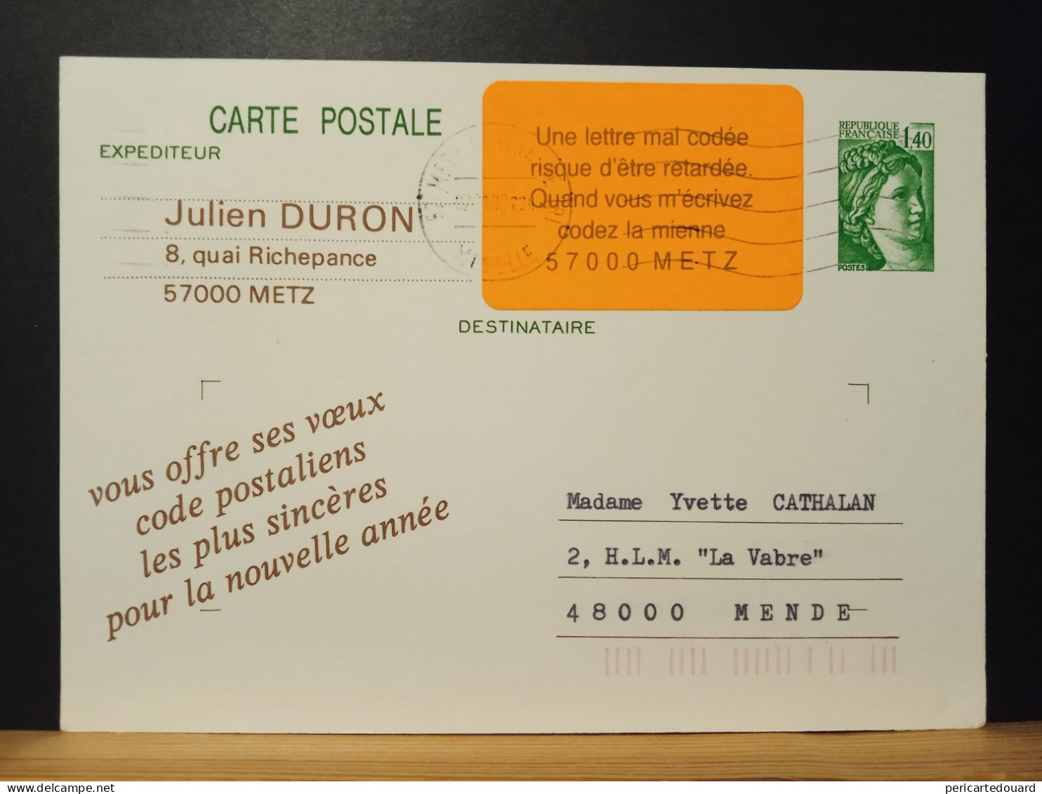 Code Postal. Entier Postal Circulé, Sabine De Gandon (SAB E) Avec Vignette 57000  METZ - Lettres & Documents